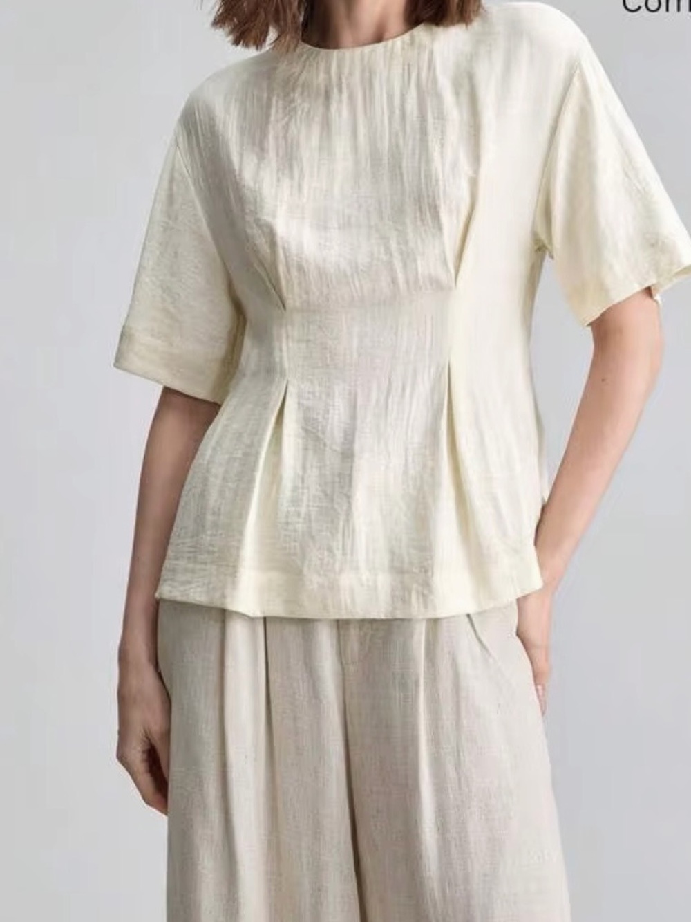 ivory off white Short-Sleeve Pleated peplum linen blend Top
